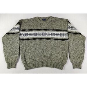 Vintage Basic Editions Sweater Mens XL Green Fair Isle Knit Cabincore Grandpa